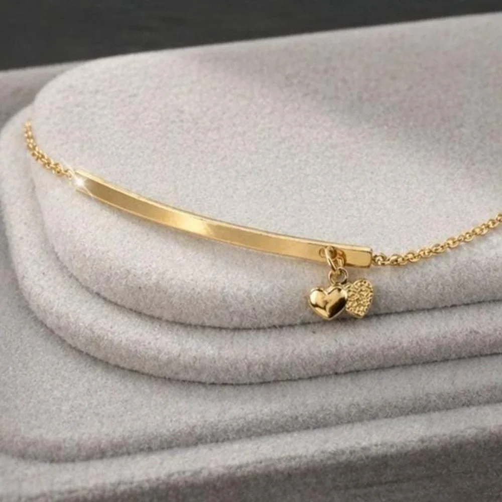 Vintage Gold Tone Heart Charm Bracelet Dainty Bar Chain 7.25